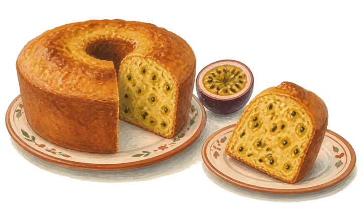 Bolo de maracujá com furo no centro, acompanhado de fatias e da fruta