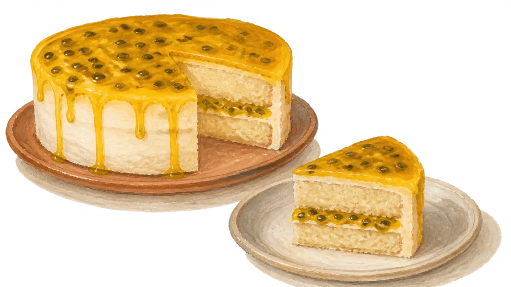 Bolo de maracujá com cobertura dourada e uma fatia mostrando a massa