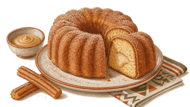 Bolo de churros com uma fatia e recheio cremoso
