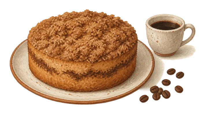 Bolo de café com cobertura, grãos e uma xícara ao lado