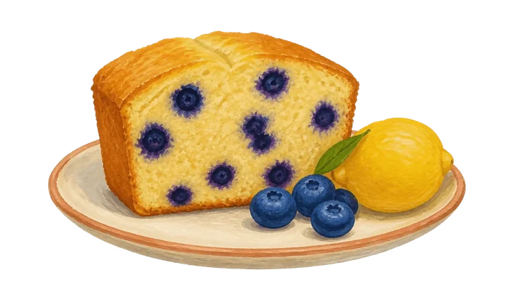 Fatia de bolo de limão com mirtilos, acompanhada de limão e frutas