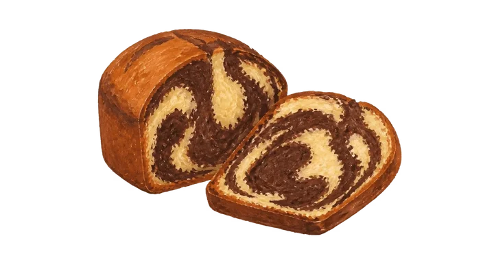 Bolo marmorizado com fatias mostrando o desenho de chocolate e baunilha